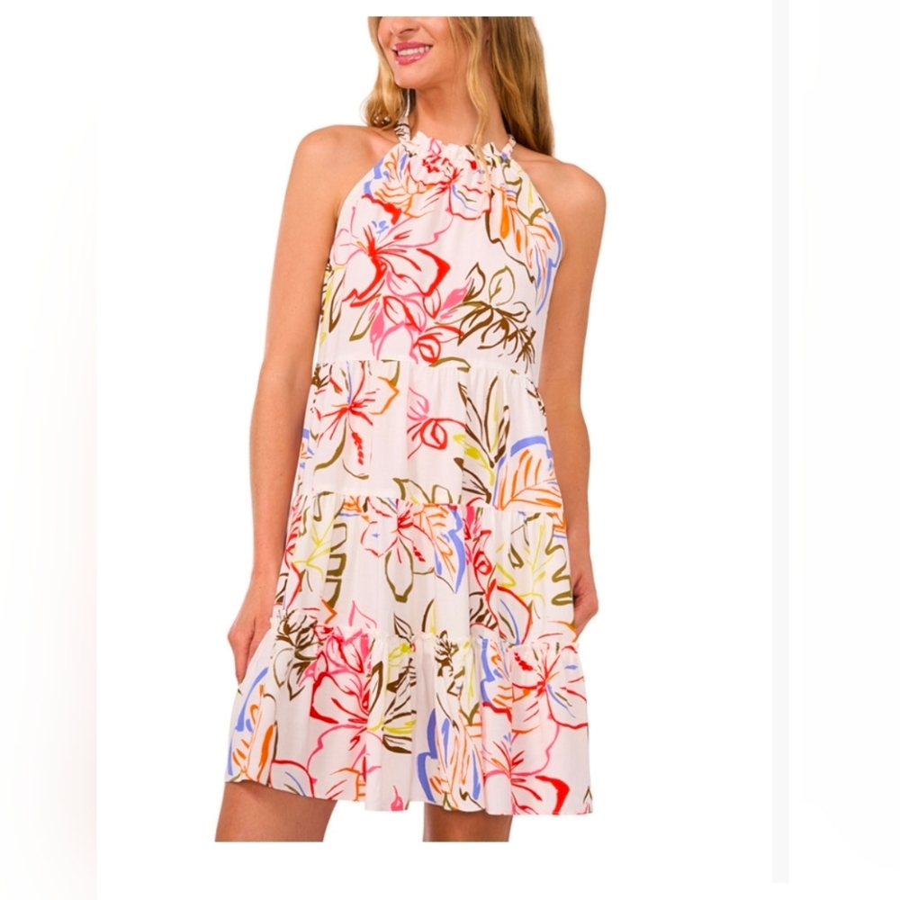 CeCe Summer Tropical Tie-Back Halter Tiered Mini Dress Cotton Size S Maternity